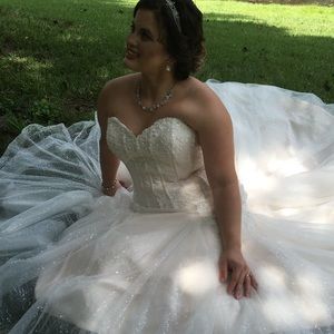 This is an altered wedding dress won just once the trim needs to be cleaned.